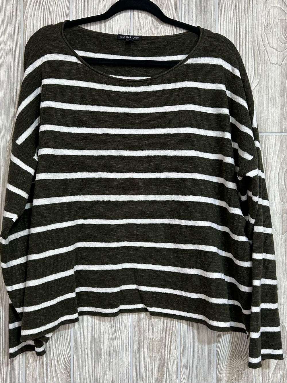 Eileen Fischer Linen Cotton Blend Green White Stripe Knit Sweater Size Large